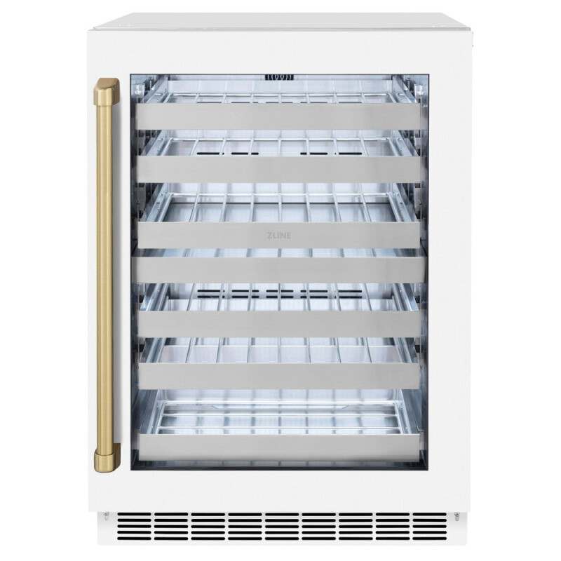 ZLINE Autograph Edition 24 in. Touchstone Dual Zone 44 Bottle Wine Cooler With White Matte Glass Door And Champagne Bronze Handle (RWDOZ-WM-24-CB) RWDOZWM24CB