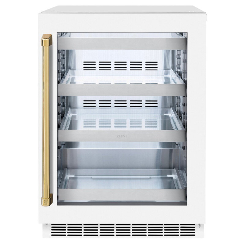 ZLINE Autograph Edition 24 in. Touchstone Dual Zone 44 Bottle Wine Cooler With White Matte Glass Door And Polished Gold Handle (RWDOZ-WM-24-G) RWDOZWM24G
