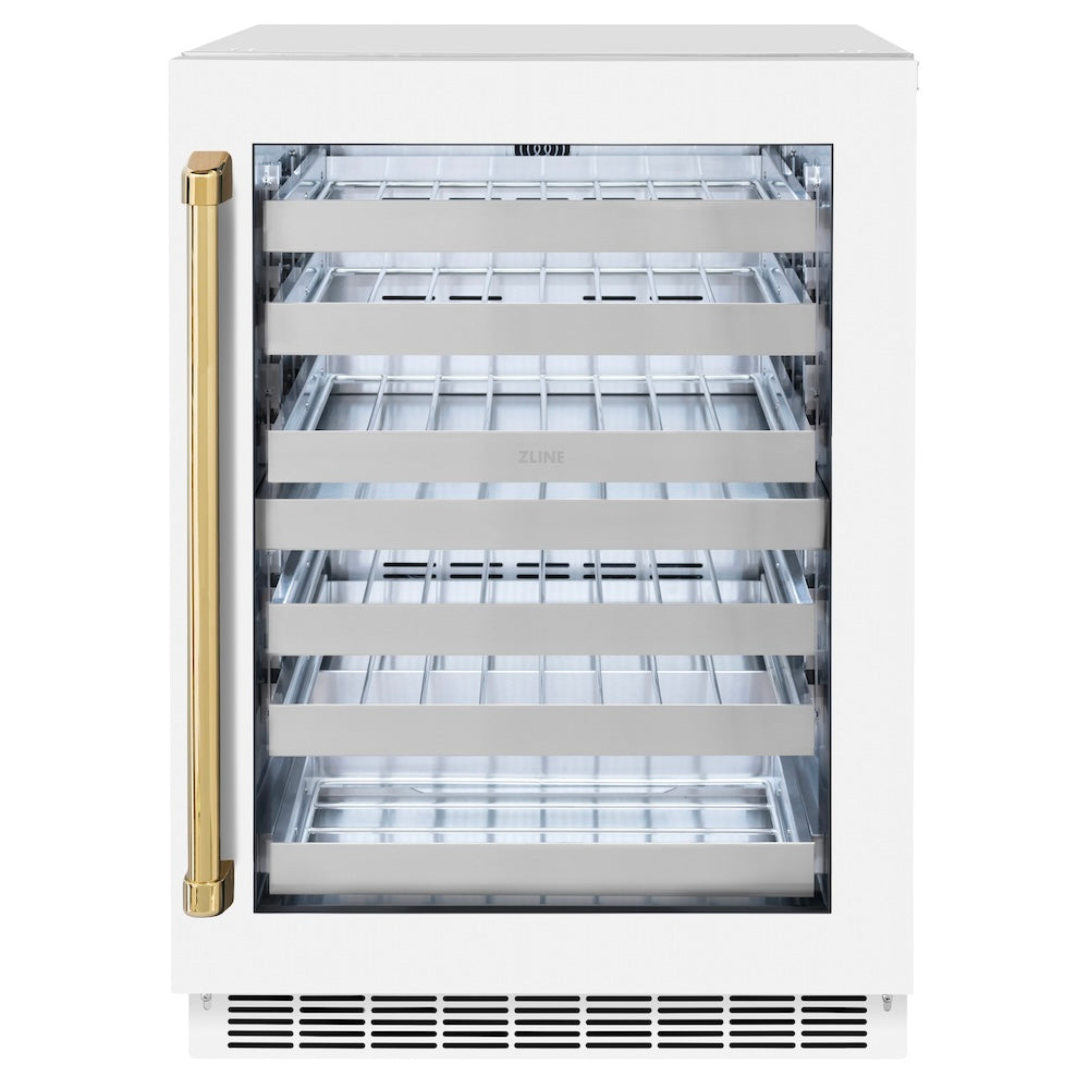 Autograph Edition 24 In. Touchstone Dual Zone 44 Bottle Wine Cooler With White Matte Glass Door And Polished Gold Handle RWDOZWM24G