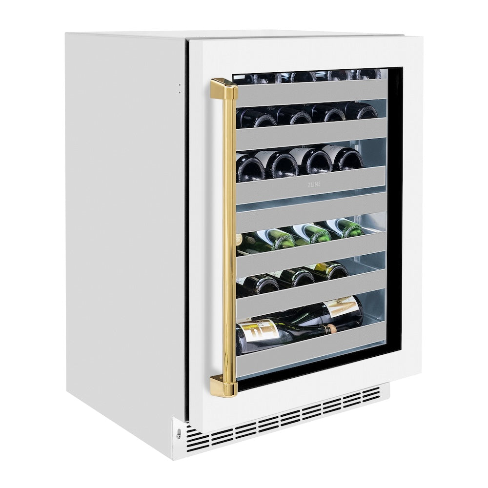 Autograph Edition 24 In. Touchstone Dual Zone 44 Bottle Wine Cooler With White Matte Glass Door And Polished Gold Handle RWDOZWM24G