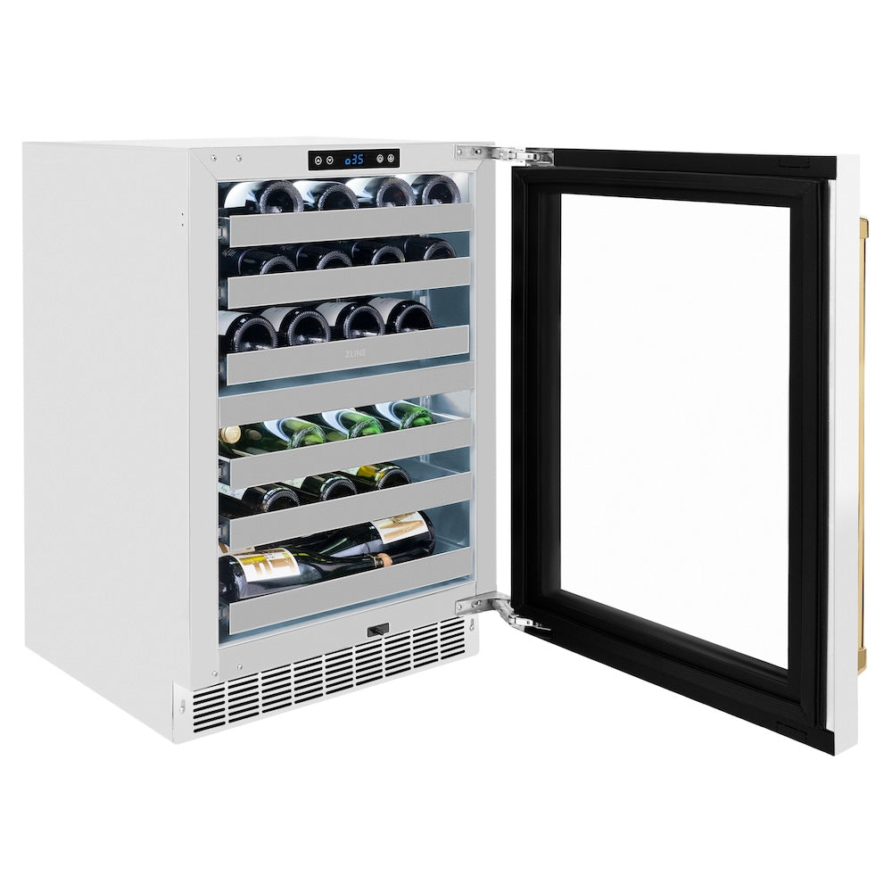 Autograph Edition 24 In. Touchstone Dual Zone 44 Bottle Wine Cooler With White Matte Glass Door And Polished Gold Handle RWDOZWM24G