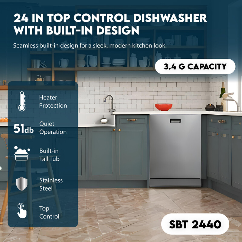 24 in 2440 Dishwasher Top Control 3rd Rack 15 place 3.4g QUIET 51 dB 110V EStar SBT2440