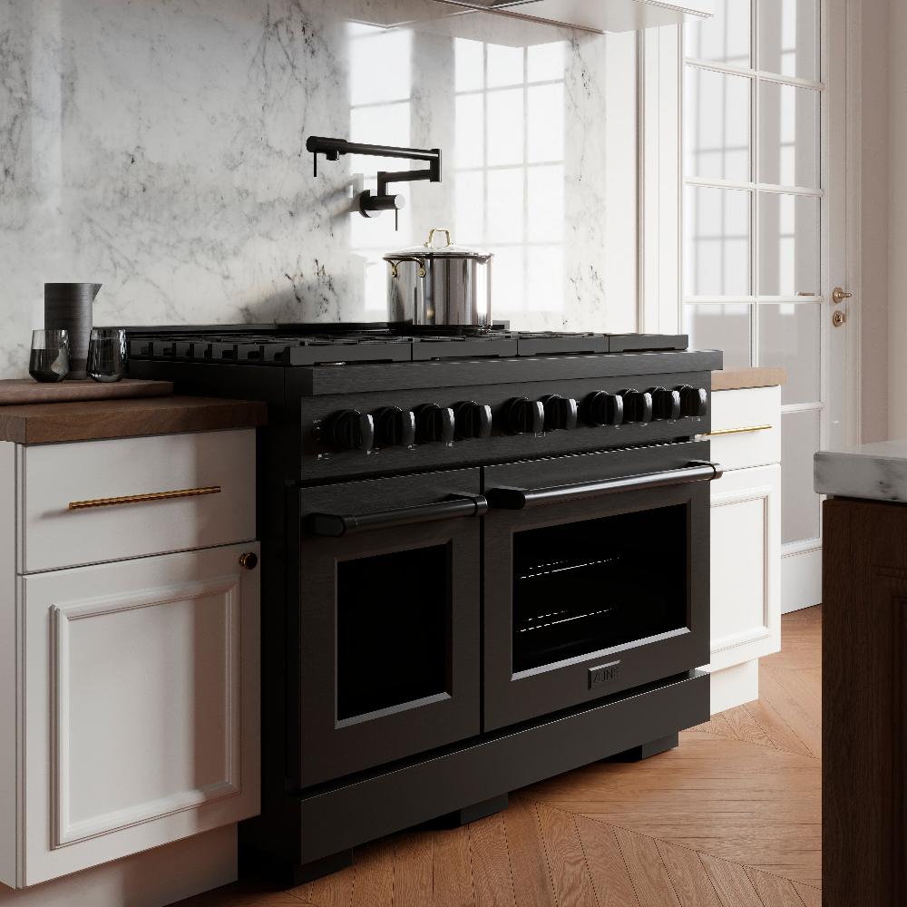 48 In. 6.7 Cu. Ft. Paramount Double Oven Dual Fuel Range With 8 Burner Gas Cooktop In Black Stainless Steel SDRB48