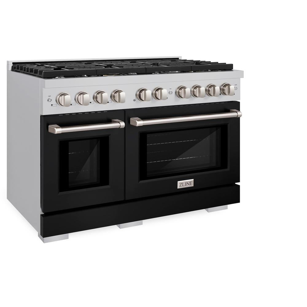 48 In. 6.7 Cu. Ft. Paramount Double Oven Dual Fuel Range With 8 Burner Gas Cooktop In Stainless Steel With Black Matte Doors SDRBLM48