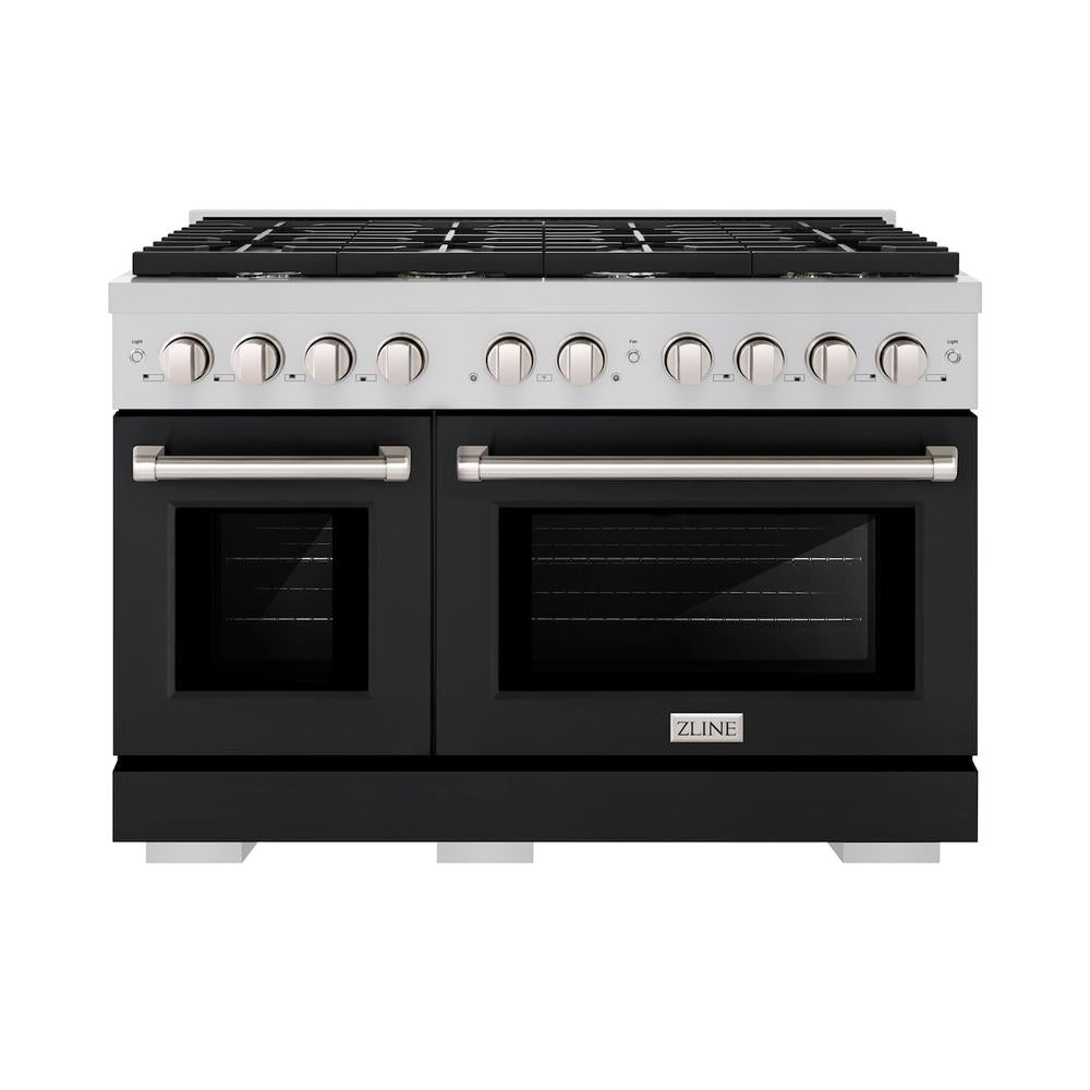 48 In. 6.7 Cu. Ft. Paramount Double Oven Dual Fuel Range With 8 Burner Gas Cooktop In Stainless Steel With Black Matte Doors SDRBLM48