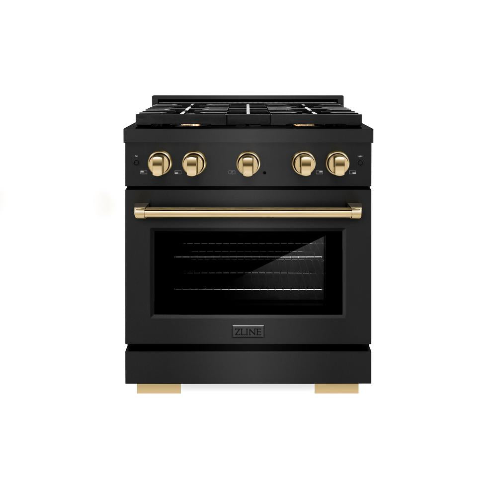 Autograph Edition 30 In. 4.2 Cu. Ft. Paramount Dual Fuel Range With 4 Burner Gas Cooktop And Electric Convection Oven In Black Stainless Steel With Polished Gold Accents SDRBZ30G