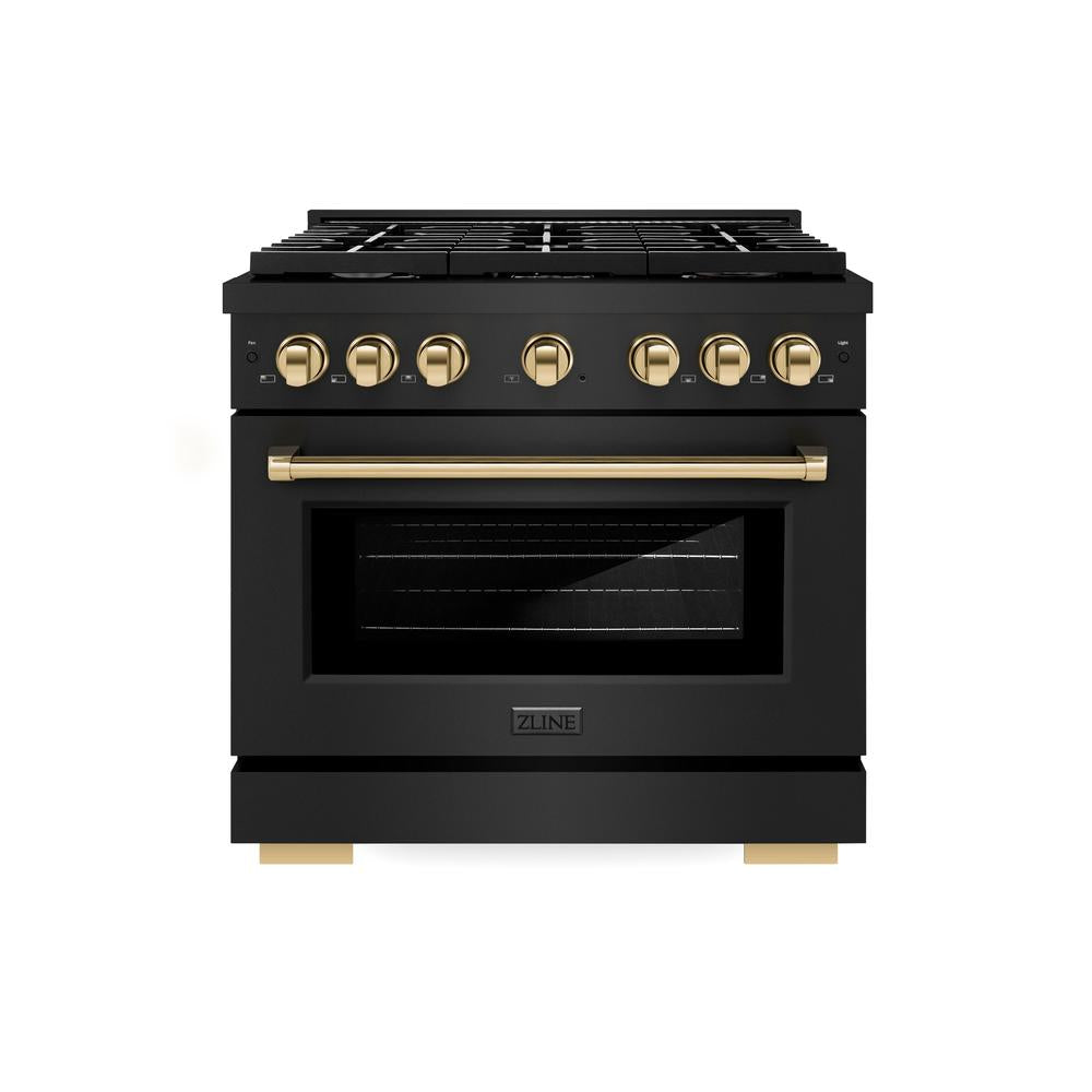 Autograph Edition 36 In. 5.2 Cu. Ft. Paramount Dual Fuel Range With 6 Burner Gas Cooktop And Electric Convection Oven In Black Stainless Steel With Polished Gold Accents SDRBZ36G