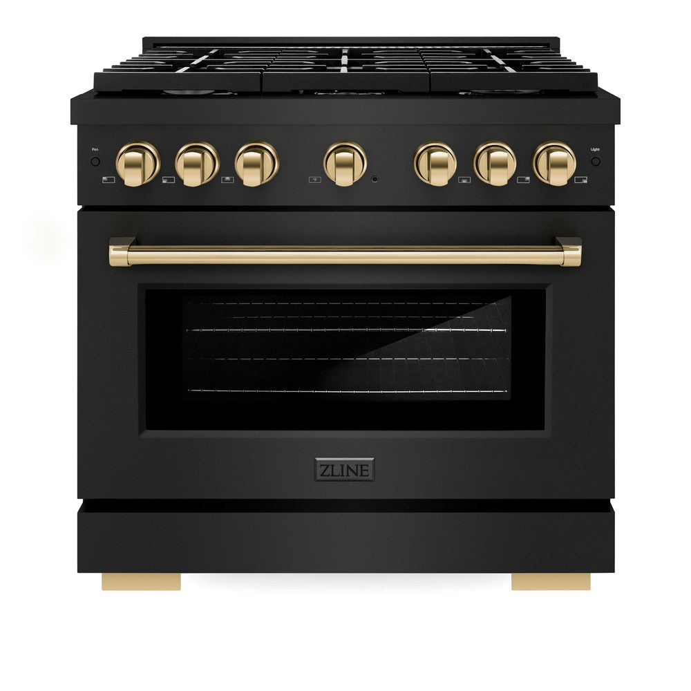 Autograph Edition 36 In. 5.2 Cu. Ft. Paramount Dual Fuel Range With 6 Burner Gas Cooktop And Electric Convection Oven In Black Stainless Steel With Polished Gold Accents SDRBZ36G