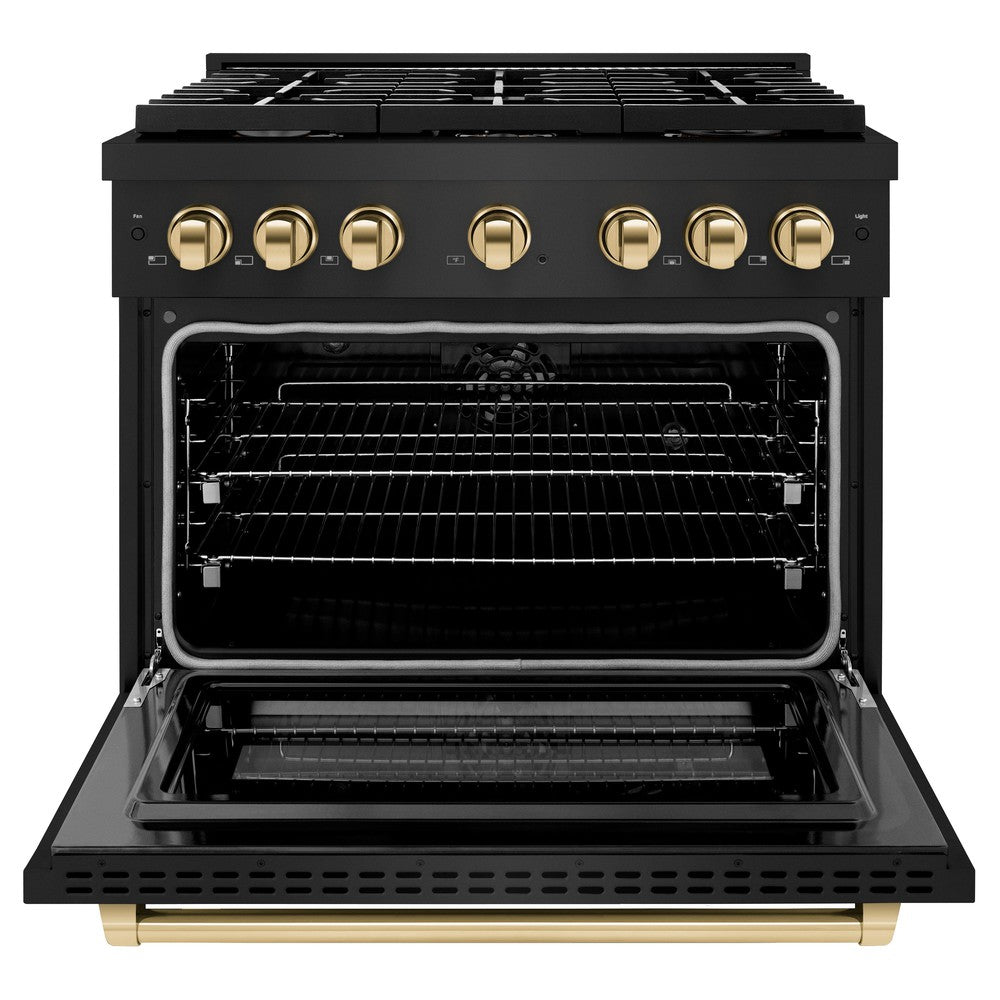 Autograph Edition 36 In. 5.2 Cu. Ft. Paramount Dual Fuel Range With 6 Burner Gas Cooktop And Electric Convection Oven In Black Stainless Steel With Polished Gold Accents SDRBZ36G