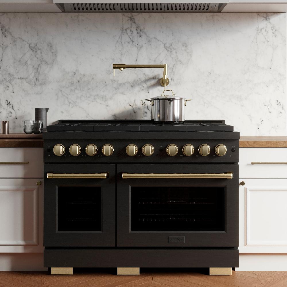 Autograph Edition 48 In. 6.7 Cu. Ft. Paramount Double Oven Dual Fuel Range With 8 Burner Gas Cooktop In Black Stainless Steel And Champagne Bronze Accents SDRBZ48CB