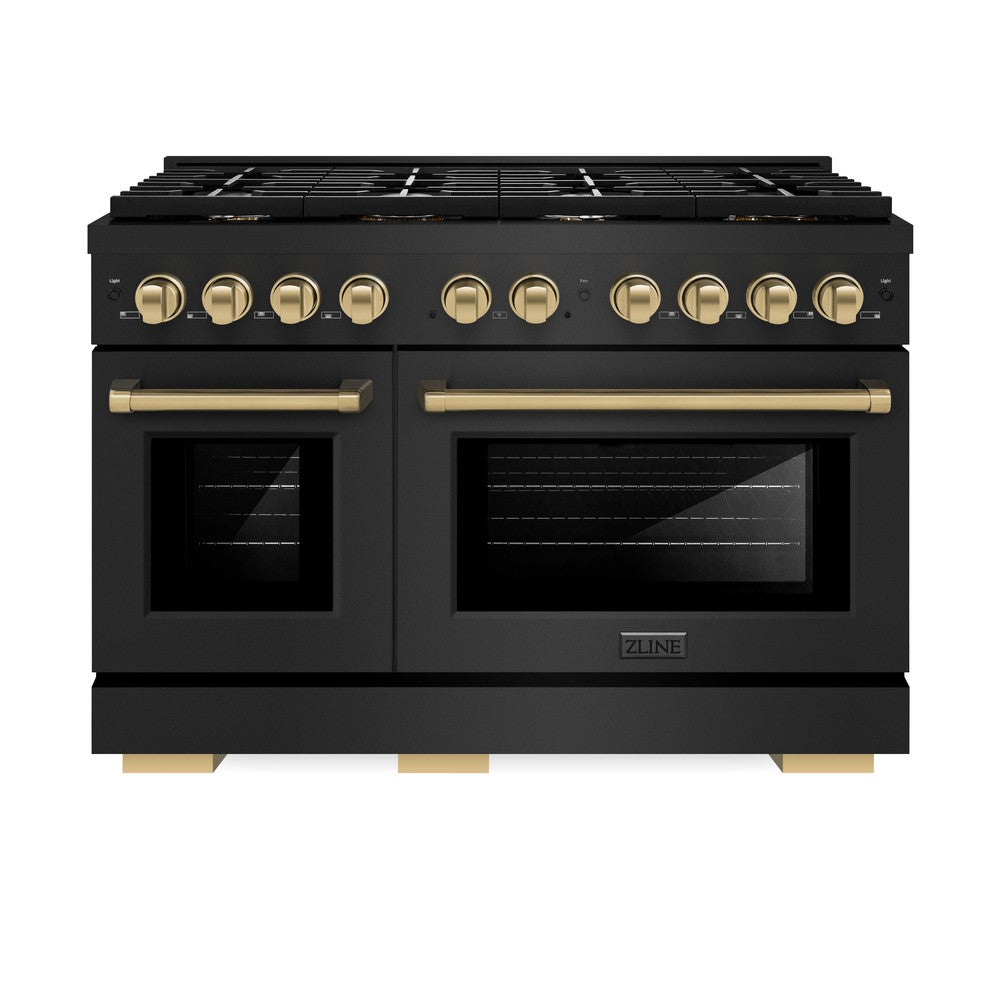 Autograph Edition 48 In. 6.7 Cu. Ft. Paramount Double Oven Dual Fuel Range With 8 Burner Gas Cooktop In Black Stainless Steel And Champagne Bronze Accents SDRBZ48CB