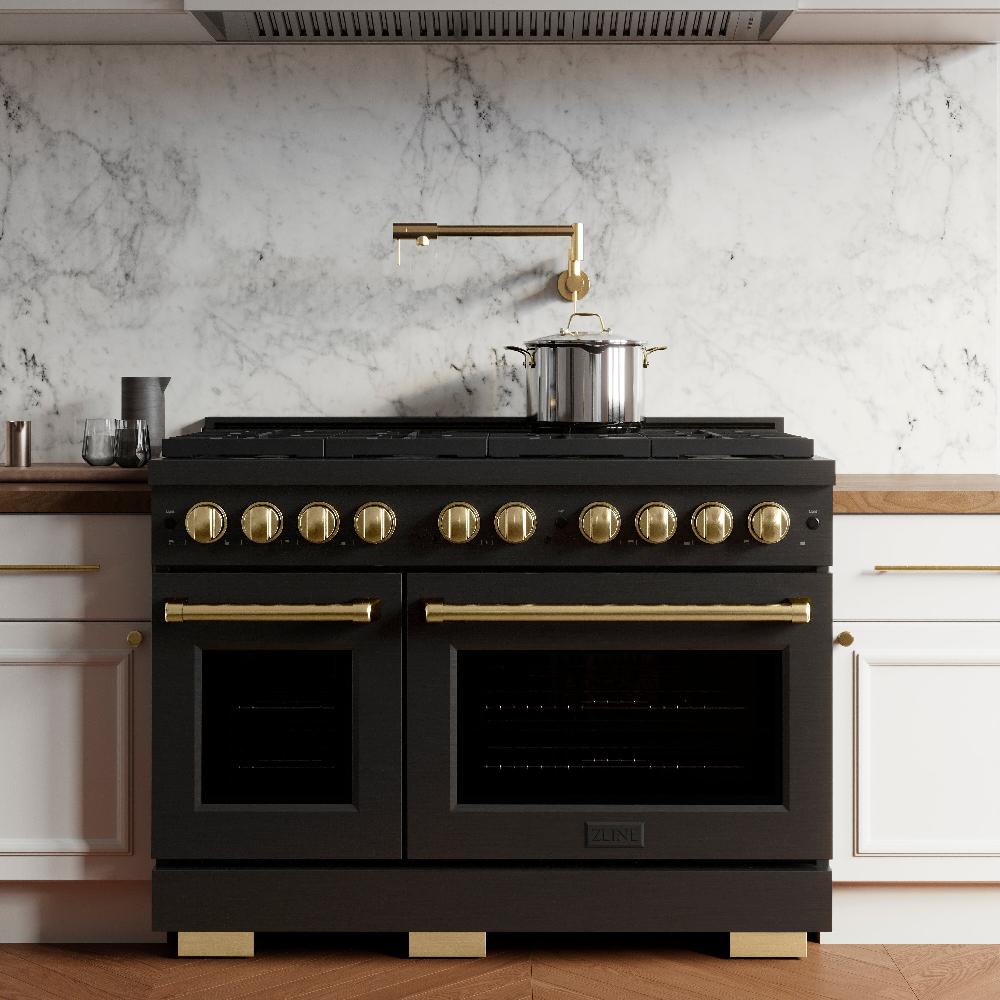 Autograph Edition 48 In. 6.7 Cu. Ft. Paramount Double Oven Dual Fuel Range With 8 Burner Gas Cooktop In Black Stainless Steel And Polished Gold Accents SDRBZ48G
