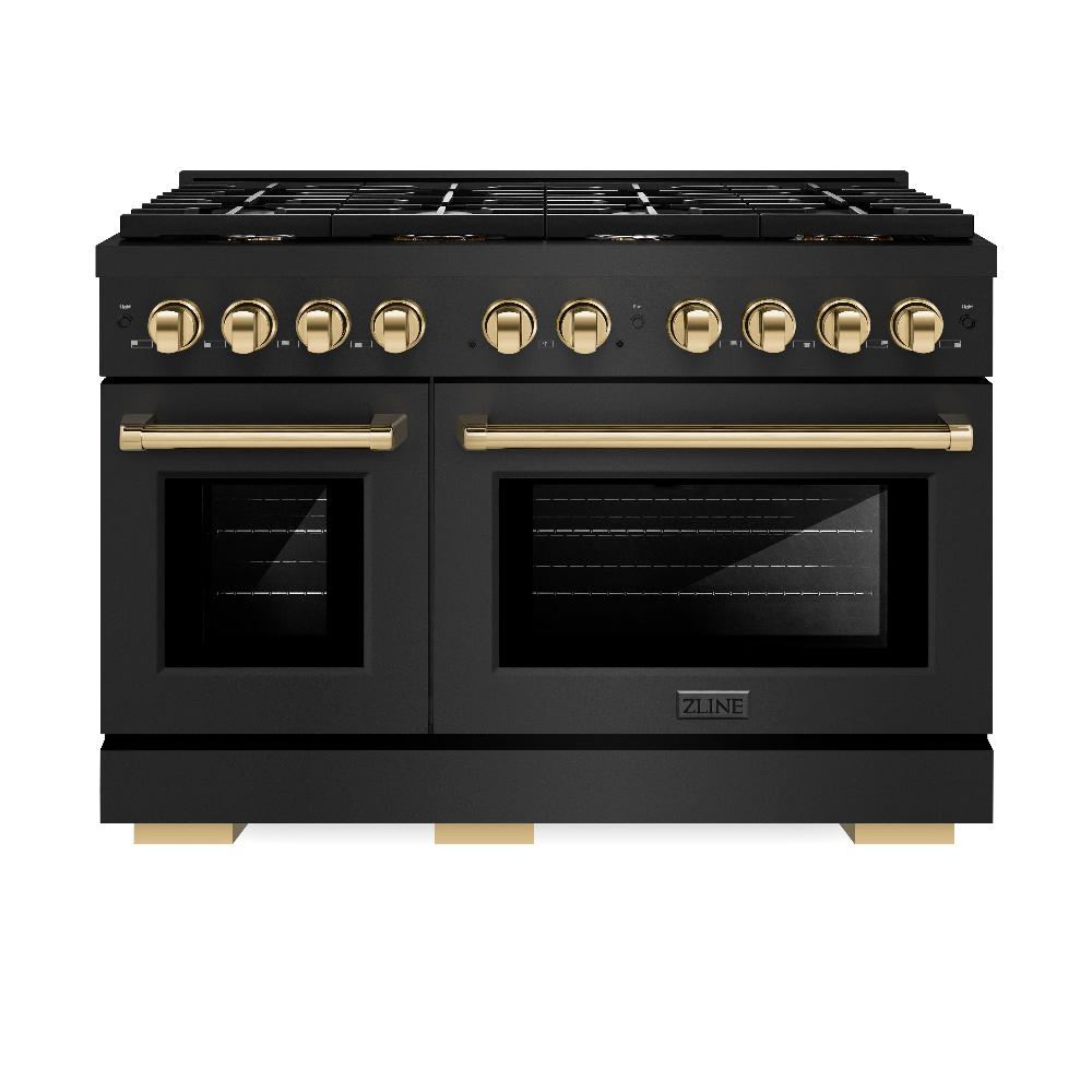 Autograph Edition 48 In. 6.7 Cu. Ft. Paramount Double Oven Dual Fuel Range With 8 Burner Gas Cooktop In Black Stainless Steel And Polished Gold Accents SDRBZ48G