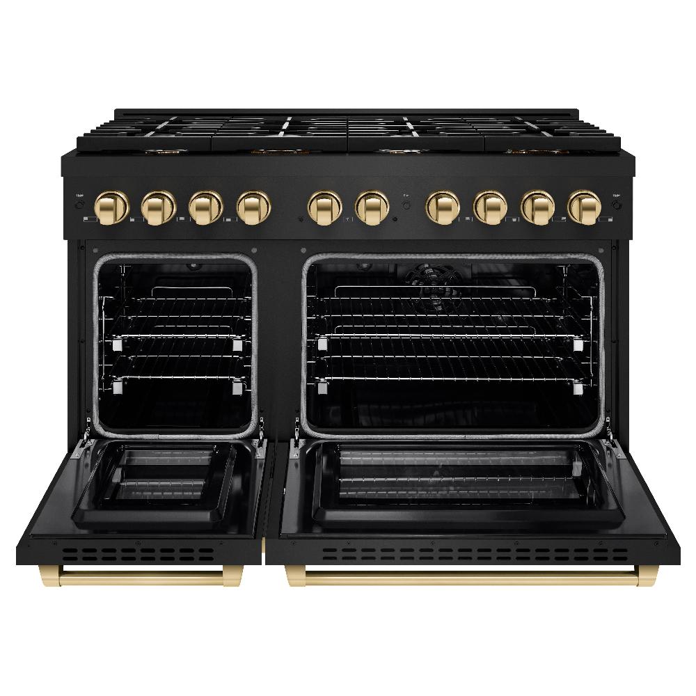 Autograph Edition 48 In. 6.7 Cu. Ft. Paramount Double Oven Dual Fuel Range With 8 Burner Gas Cooktop In Black Stainless Steel And Polished Gold Accents SDRBZ48G