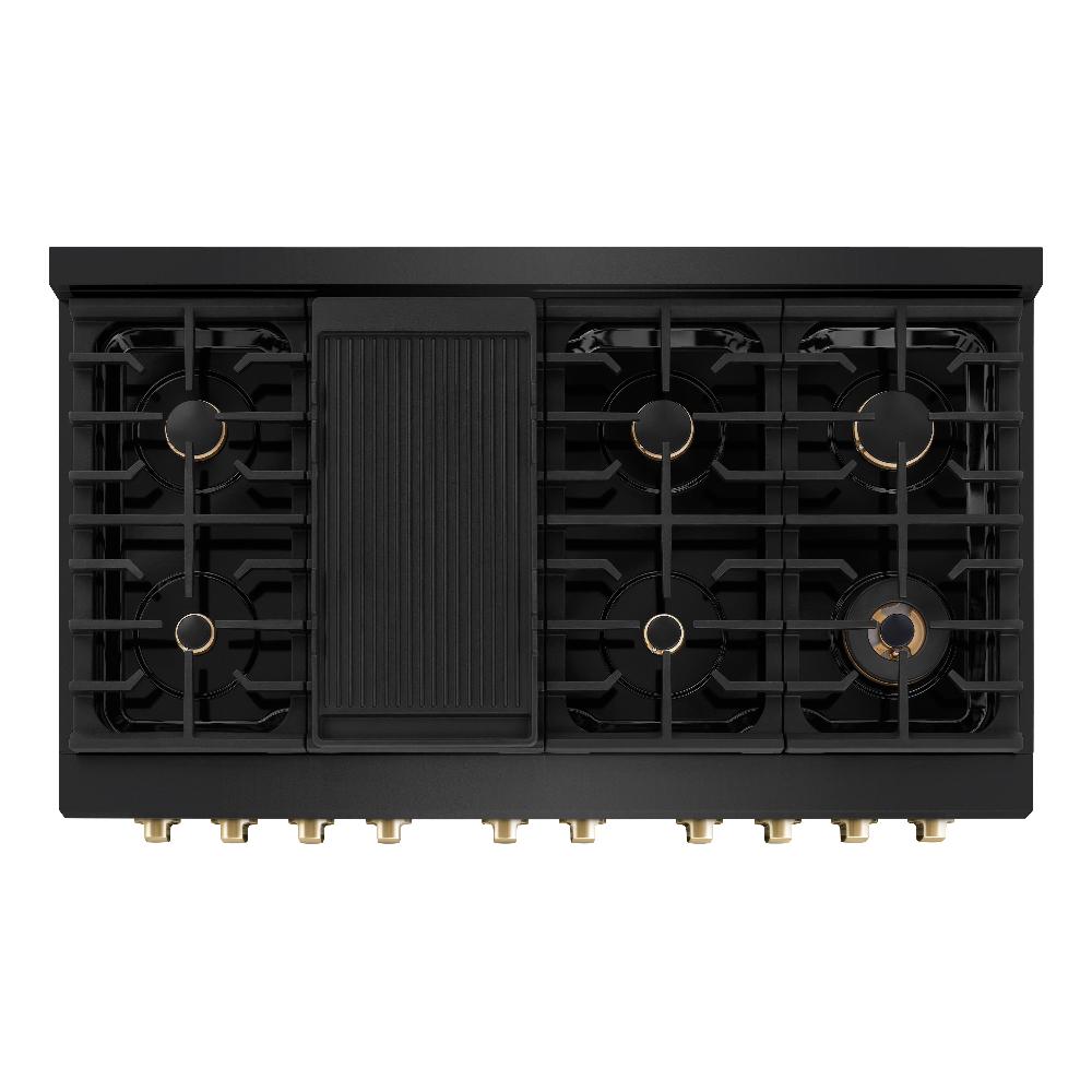 Autograph Edition 48 In. 6.7 Cu. Ft. Paramount Double Oven Dual Fuel Range With 8 Burner Gas Cooktop In Black Stainless Steel And Polished Gold Accents SDRBZ48G