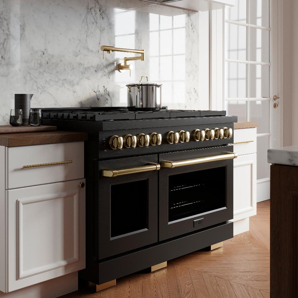 Autograph Edition 48 In. 6.7 Cu. Ft. Paramount Double Oven Dual Fuel Range With 8 Burner Gas Cooktop In Black Stainless Steel And Polished Gold Accents SDRBZ48G