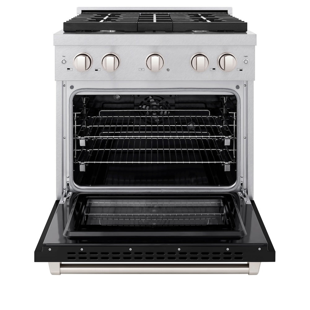 30 In. 4.2 Cu. Ft. Paramount Dual Fuel Range With 4 Burner Gas Cooktop And Electric Convection Oven In Satin Stainless Steel With Black Matte Door SDRSBLM30