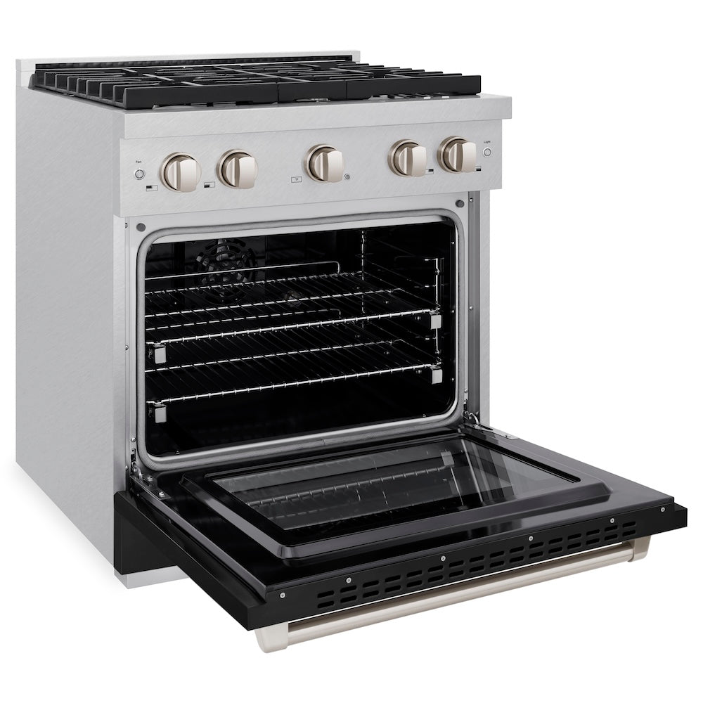 30 In. 4.2 Cu. Ft. Paramount Dual Fuel Range With 4 Burner Gas Cooktop And Electric Convection Oven In Satin Stainless Steel With Black Matte Door SDRSBLM30