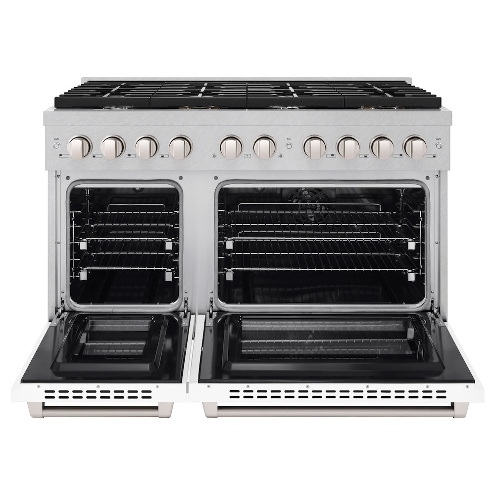 48 In. 6.7 Cu. Ft. Paramount Double Oven Dual Fuel Range With 8 Burner Gas Cooktop In Satin Stainless Steel With White Matte Doors SDRSWM48