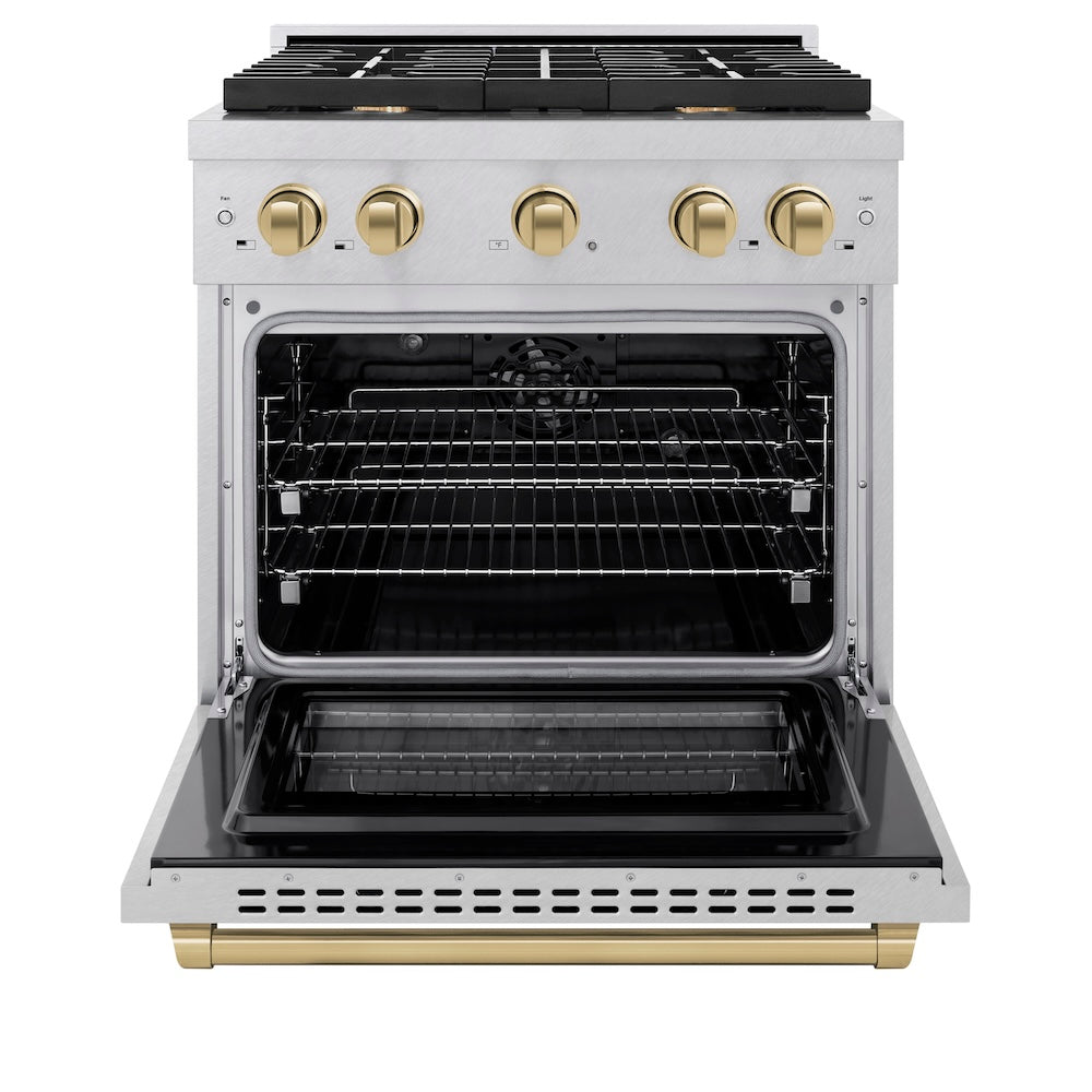 Autograph Edition 30 In. 4.2 Cu. Ft. Paramount Dual Fuel Range With 4 Burner Gas Cooktop And Electric Convection Oven In Satin Stainless Steel With Champagne Bronze Accents SDRSZ30CB