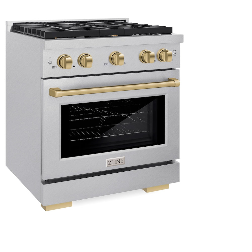 Autograph Edition 30 In. 4.2 Cu. Ft. Paramount Dual Fuel Range With 4 Burner Gas Cooktop And Electric Convection Oven In Satin Stainless Steel With Champagne Bronze Accents SDRSZ30CB