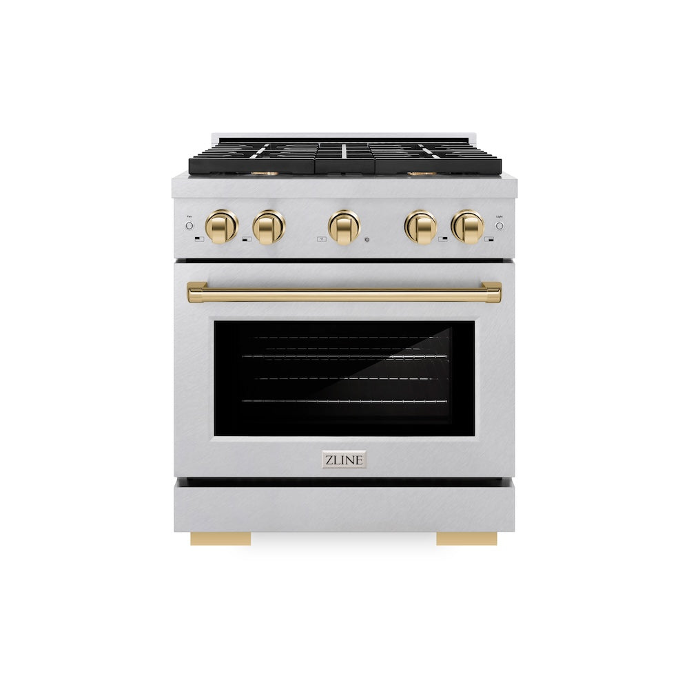 Autograph Edition 30 In. 4.2 Cu. Ft. Paramount Dual Fuel Range With 4 Burner Gas Cooktop And Electric Convection Oven In Satin Stainless Steel With Polished Gold Accents SDRSZ30G