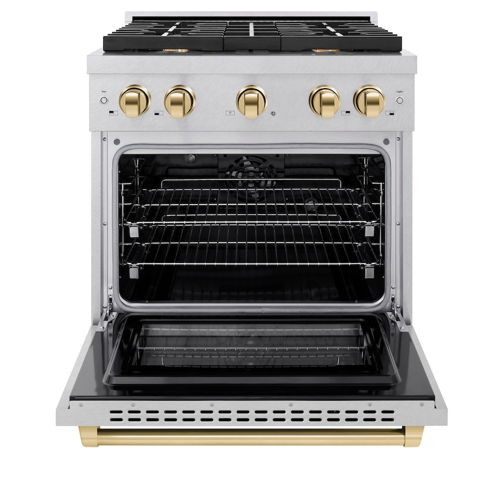 Autograph Edition 30 In. 4.2 Cu. Ft. Paramount Dual Fuel Range With 4 Burner Gas Cooktop And Electric Convection Oven In Satin Stainless Steel With Polished Gold Accents SDRSZ30G