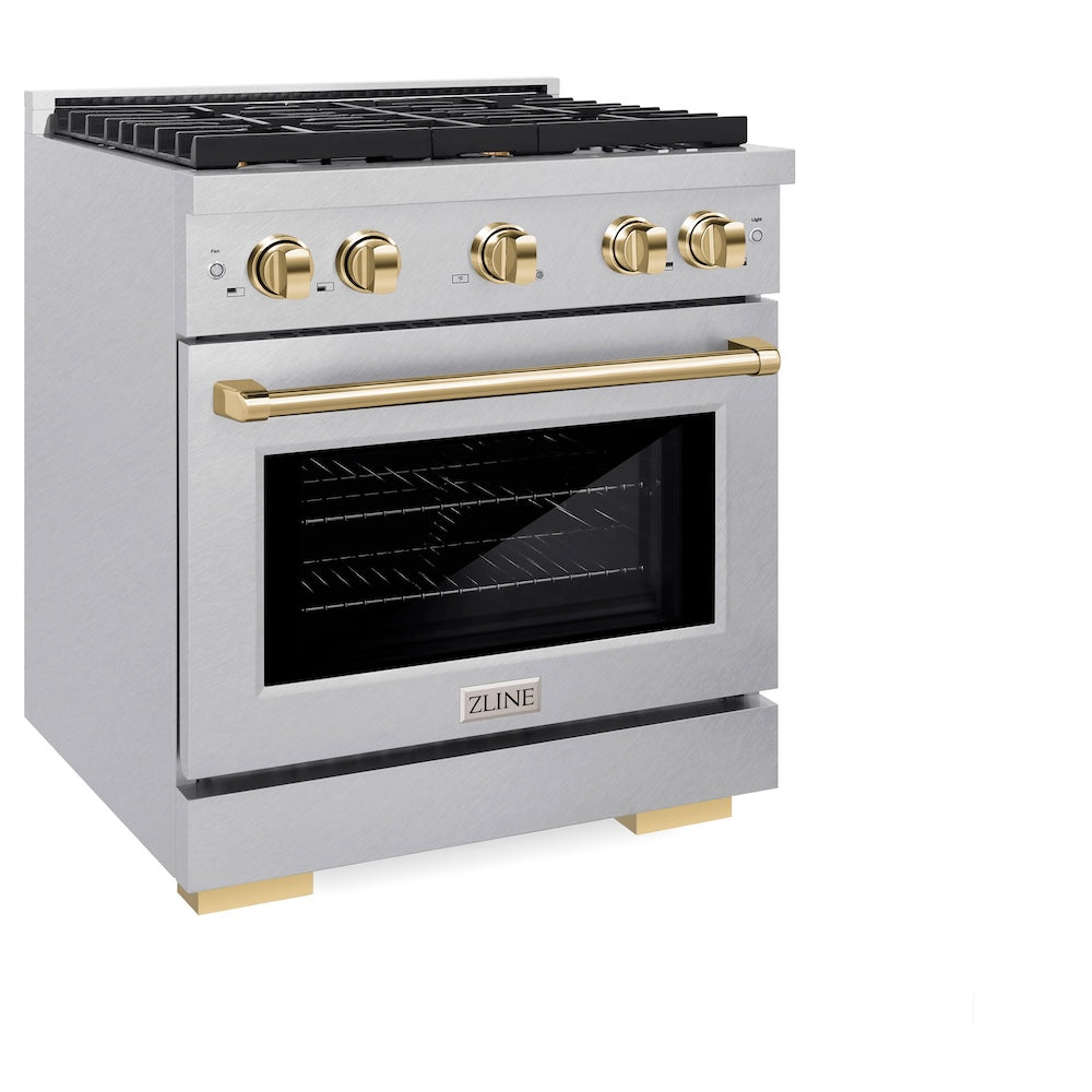 Autograph Edition 30 In. 4.2 Cu. Ft. Paramount Dual Fuel Range With 4 Burner Gas Cooktop And Electric Convection Oven In Satin Stainless Steel With Polished Gold Accents SDRSZ30G