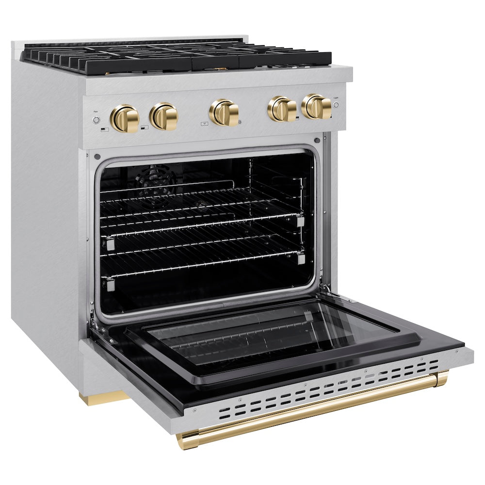 Autograph Edition 30 In. 4.2 Cu. Ft. Paramount Dual Fuel Range With 4 Burner Gas Cooktop And Electric Convection Oven In Satin Stainless Steel With Polished Gold Accents SDRSZ30G