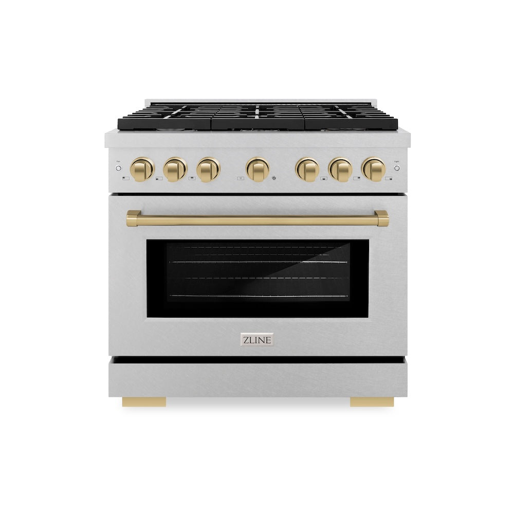 Autograph Edition 36 In. 5.2 Cu. Ft. Paramount Dual Fuel Range With 6 Burner Gas Cooktop And Electric Convection Oven In Satin Stainless Steel With Champagne Bronze Accents SDRSZ36CB
