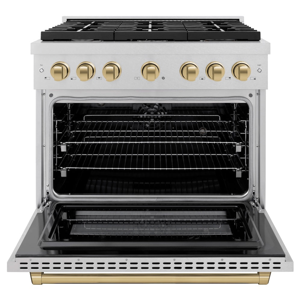 Autograph Edition 36 In. 5.2 Cu. Ft. Paramount Dual Fuel Range With 6 Burner Gas Cooktop And Electric Convection Oven In Satin Stainless Steel With Champagne Bronze Accents SDRSZ36CB