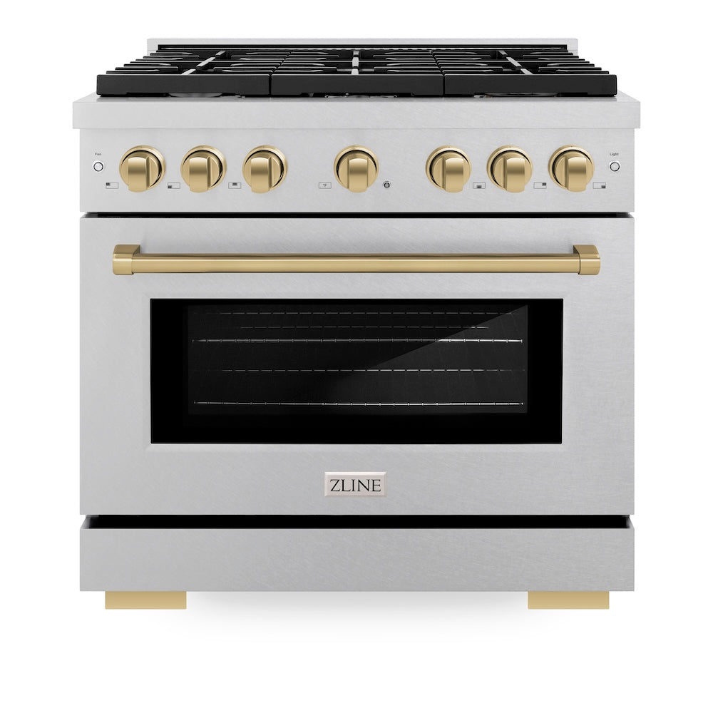 Autograph Edition 36 In. 5.2 Cu. Ft. Paramount Dual Fuel Range With 6 Burner Gas Cooktop And Electric Convection Oven In Satin Stainless Steel With Champagne Bronze Accents SDRSZ36CB