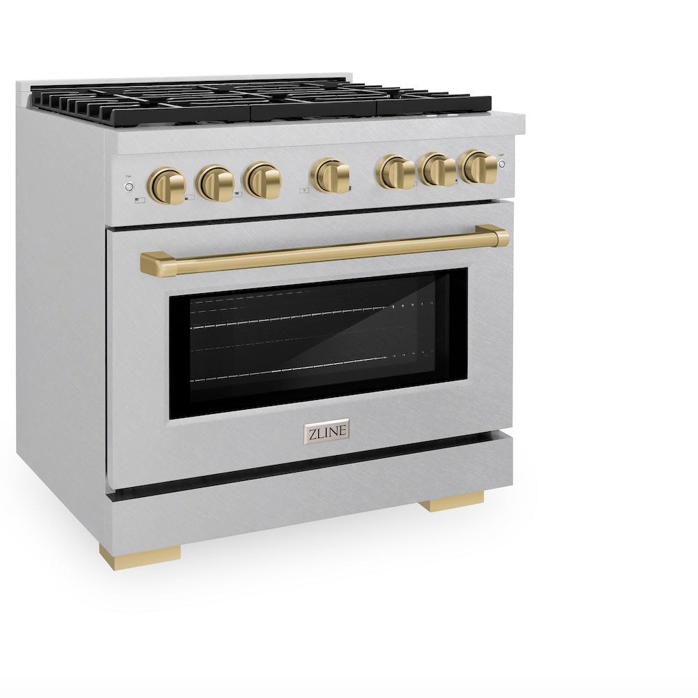 Autograph Edition 36 In. 5.2 Cu. Ft. Paramount Dual Fuel Range With 6 Burner Gas Cooktop And Electric Convection Oven In Satin Stainless Steel With Champagne Bronze Accents SDRSZ36CB