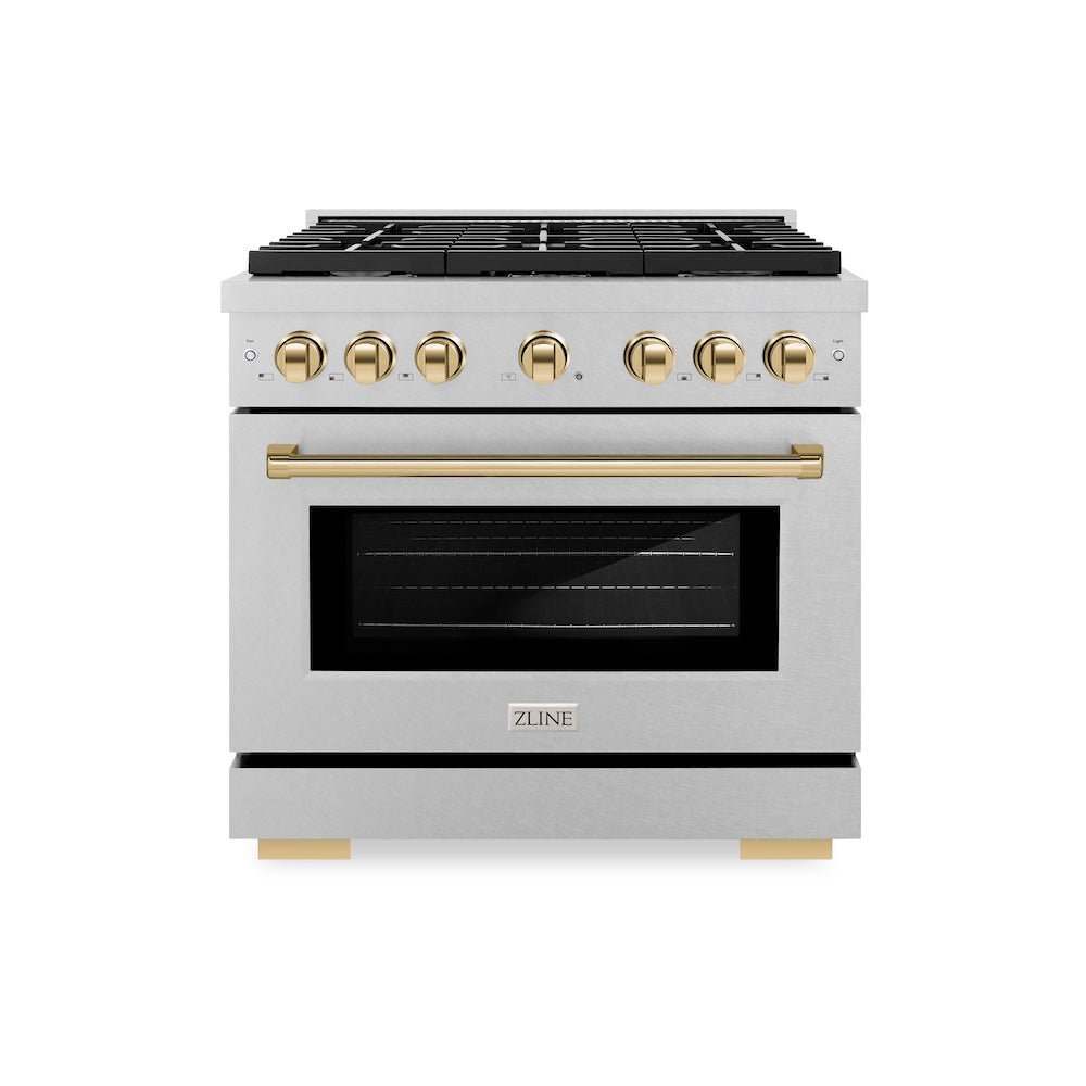 Autograph Edition 36 In. 5.2 Cu. Ft. Paramount Dual Fuel Range With 6 Burner Gas Cooktop And Electric Convection Oven In Satin Stainless Steel With Polished Gold Accents SDRSZ36G