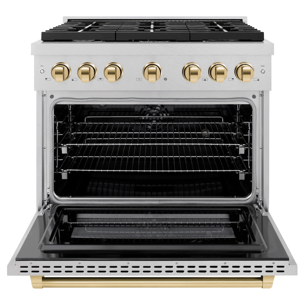 Autograph Edition 36 In. 5.2 Cu. Ft. Paramount Dual Fuel Range With 6 Burner Gas Cooktop And Electric Convection Oven In Satin Stainless Steel With Polished Gold Accents SDRSZ36G