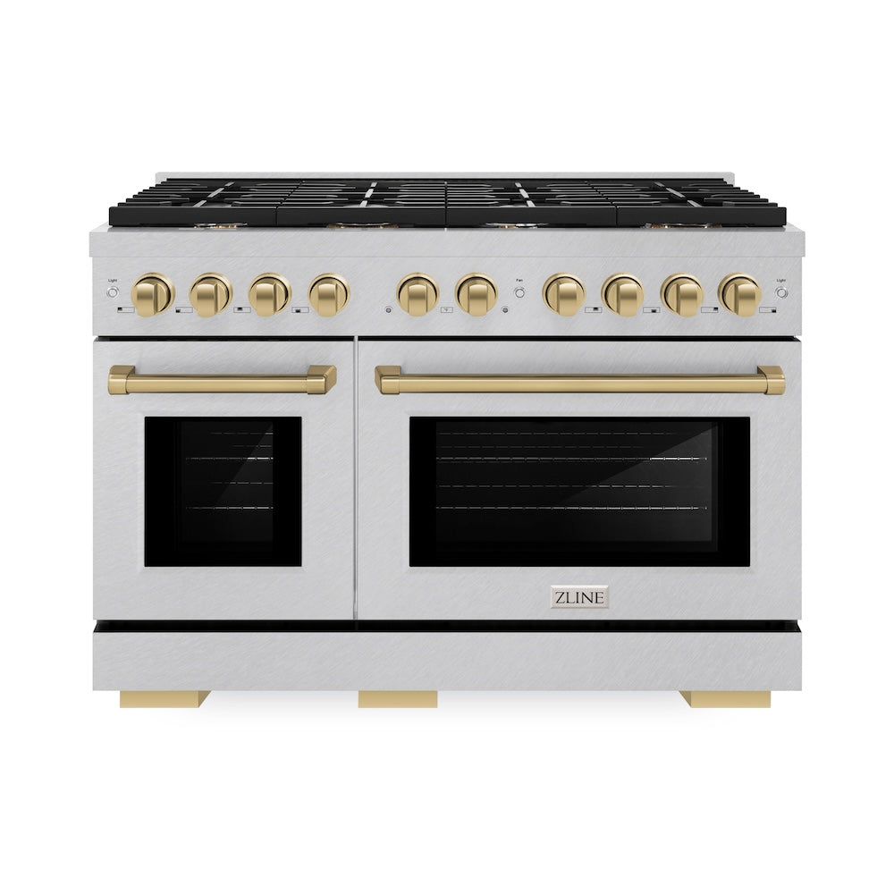 Autograph Edition 48 In. 6.7 Cu. Ft. Paramount Double Oven Dual Fuel Range With 8 Burner Gas Cooktop In Satin Stainless Steel And Champagne Bronze Accents SDRSZ48CB