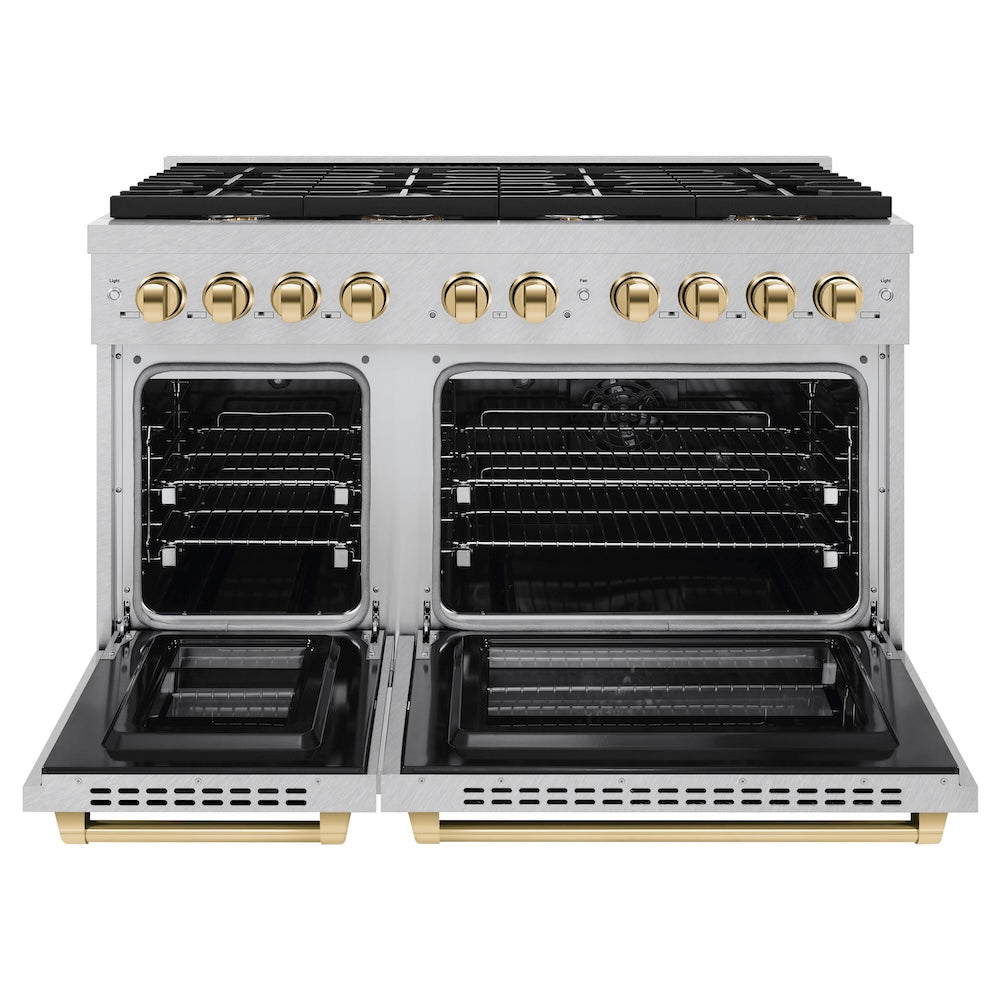 Autograph Edition 48 In. 6.7 Cu. Ft. Paramount Double Oven Dual Fuel Range With 8 Burner Gas Cooktop In Satin Stainless Steel And Polished Gold Accents SDRSZ48G