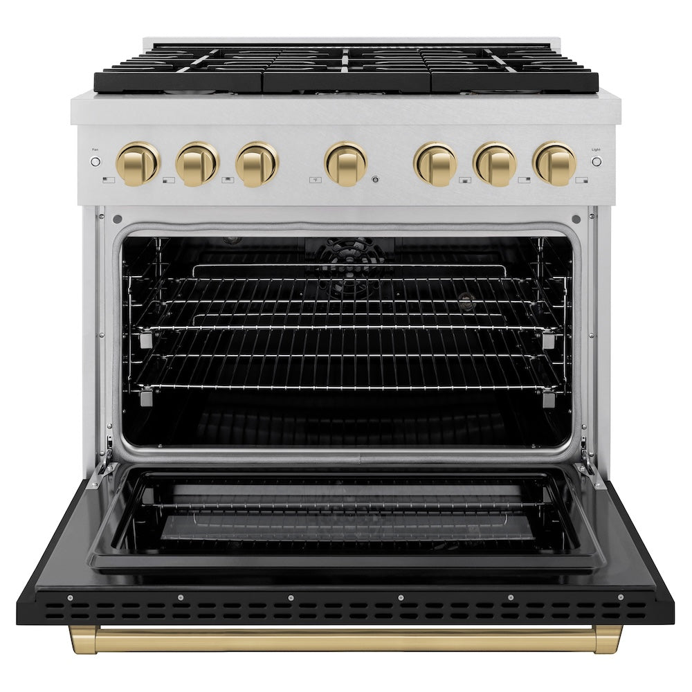 Autograph Edition 36 In. 5.2 Cu. Ft. Paramount Dual Fuel Range With 6 Burner Gas Cooktop And Electric Convection Oven In Satin Stainless Steel With Black Matte Door And Champagne Bronze Accen SDRSZBLM36CB