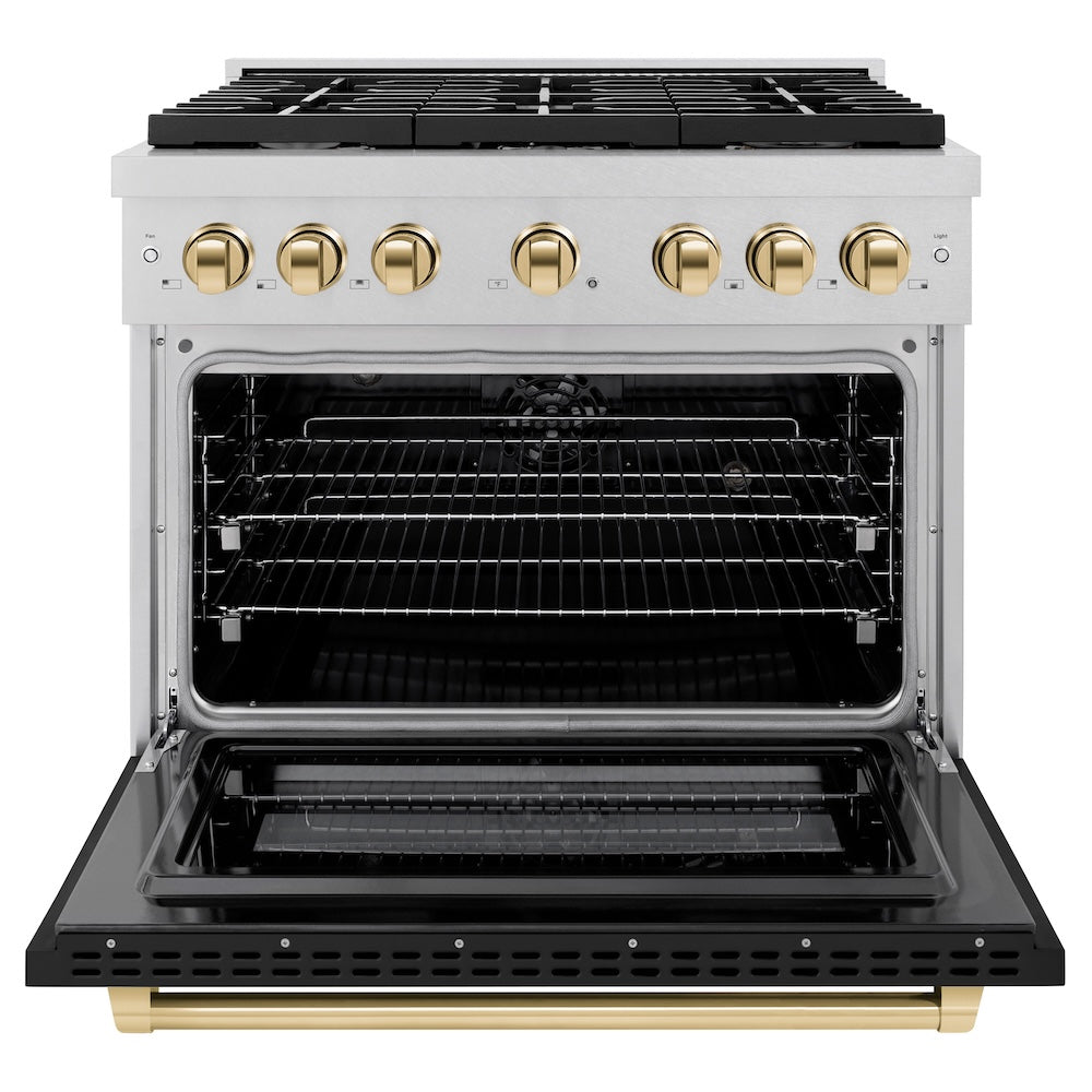 Autograph Edition 36 In. 5.2 Cu. Ft. Paramount Dual Fuel Range With 6 Burner Gas Cooktop And Electric Convection Oven In Satin Stainless Steel With Black Matte Door And Polished Gold Accents SDRSZBLM36G