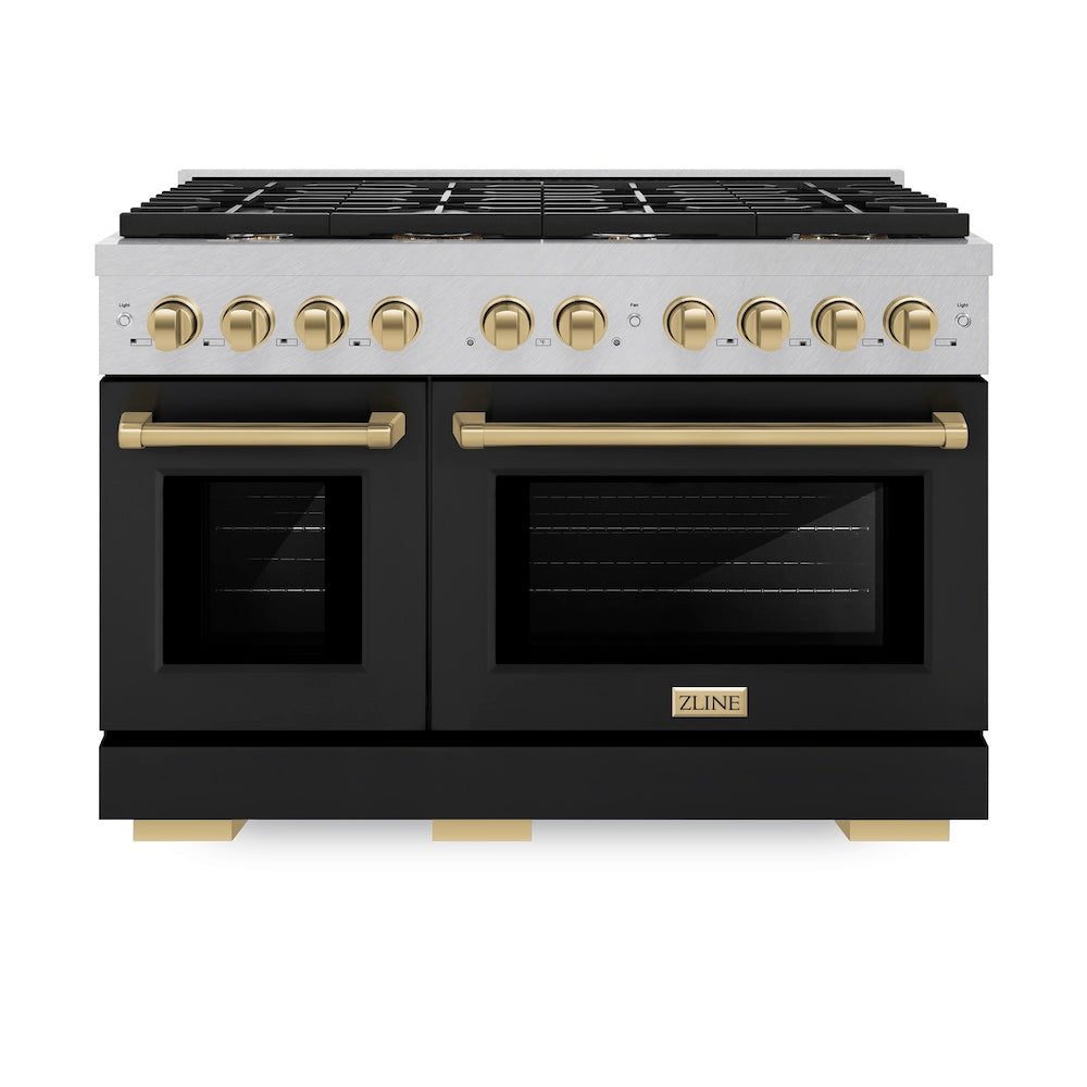 Autograph Edition 48 In. 6.7 Cu. Ft. Paramount Double Oven Dual Fuel Range With 8 Burner Gas Cooktop In Satin Stainless Steel With Black Matte Doors And Champagne Bronze Accents SDRSZBLM48CB