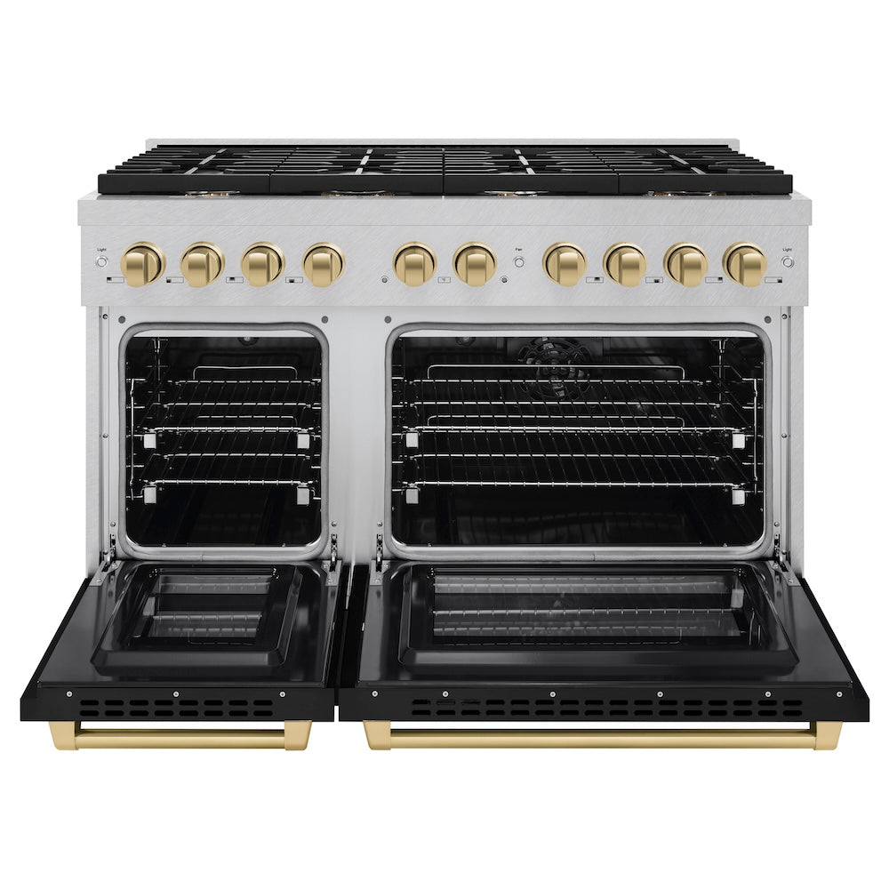 Autograph Edition 48 In. 6.7 Cu. Ft. Paramount Double Oven Dual Fuel Range With 8 Burner Gas Cooktop In Satin Stainless Steel With Black Matte Doors And Champagne Bronze Accents SDRSZBLM48CB