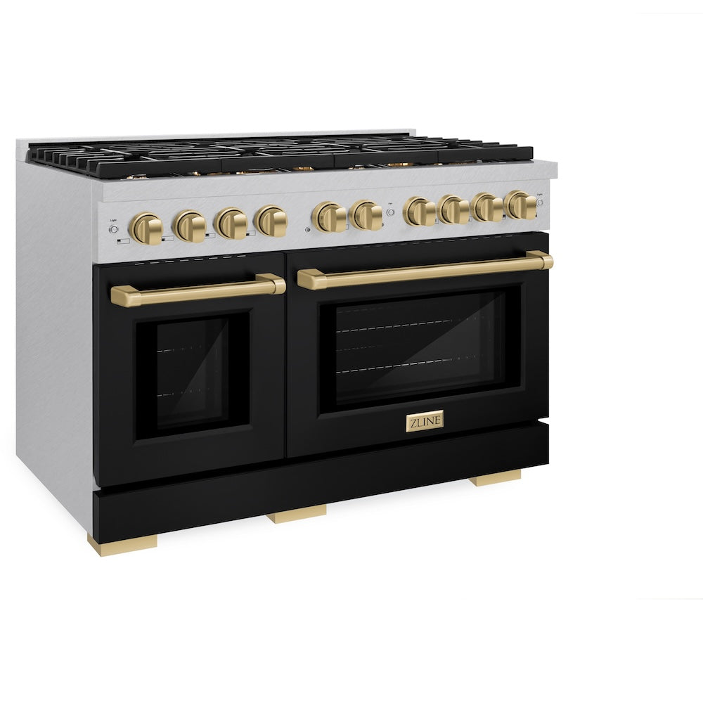 Autograph Edition 48 In. 6.7 Cu. Ft. Paramount Double Oven Dual Fuel Range With 8 Burner Gas Cooktop In Satin Stainless Steel With Black Matte Doors And Champagne Bronze Accents SDRSZBLM48CB