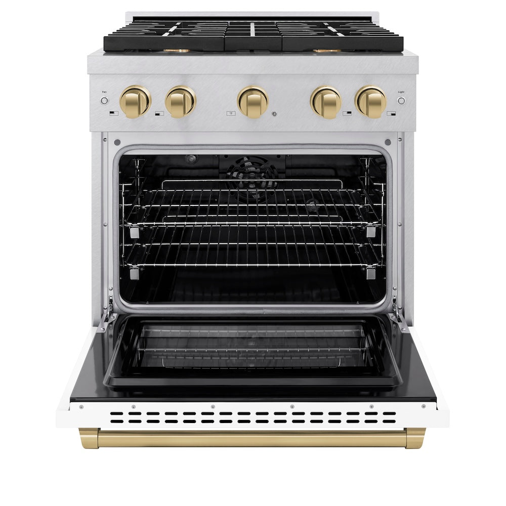 Autograph Edition 30 In. 4.2 Cu. Ft. Paramount Dual Fuel Range With 4 Burner Gas Cooktop And Electric Convection Oven In Satin Stainless Steel With White Matte Door And Champagne Bronze Accen SDRSZWM30CB