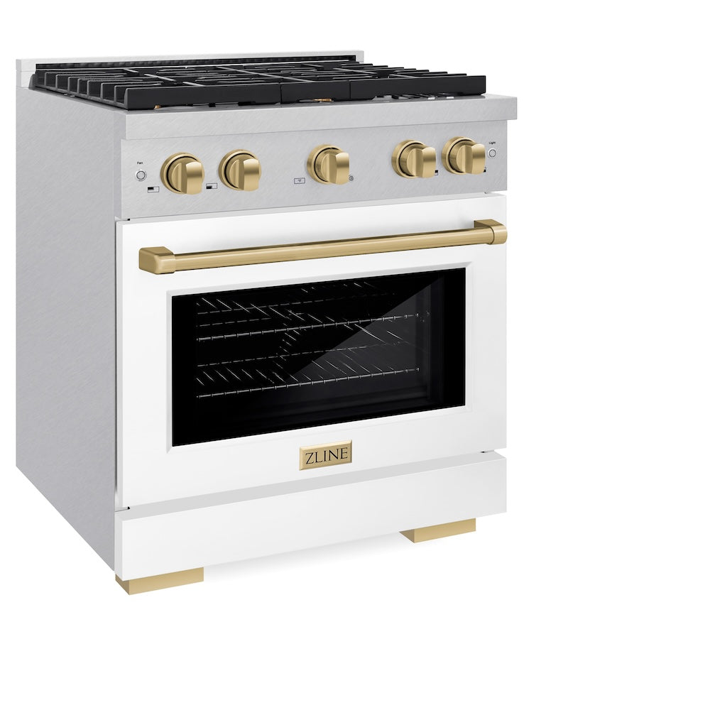 Autograph Edition 30 In. 4.2 Cu. Ft. Paramount Dual Fuel Range With 4 Burner Gas Cooktop And Electric Convection Oven In Satin Stainless Steel With White Matte Door And Champagne Bronze Accen SDRSZWM30CB
