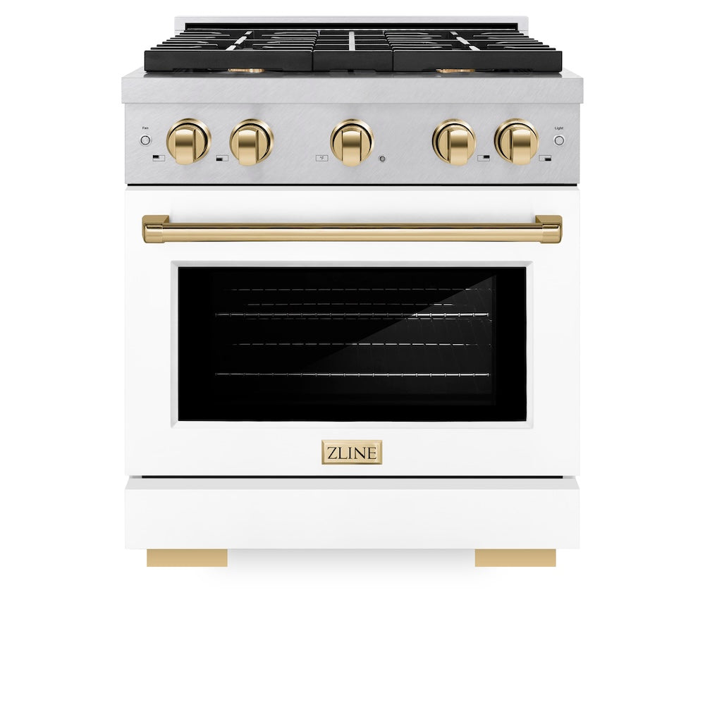 Autograph Edition 30 In. 4.2 Cu. Ft. Paramount Dual Fuel Range With 4 Burner Gas Cooktop And Electric Convection Oven In Satin Stainless Steel With White Matte Door And Polished Gold Accents SDRSZWM30G