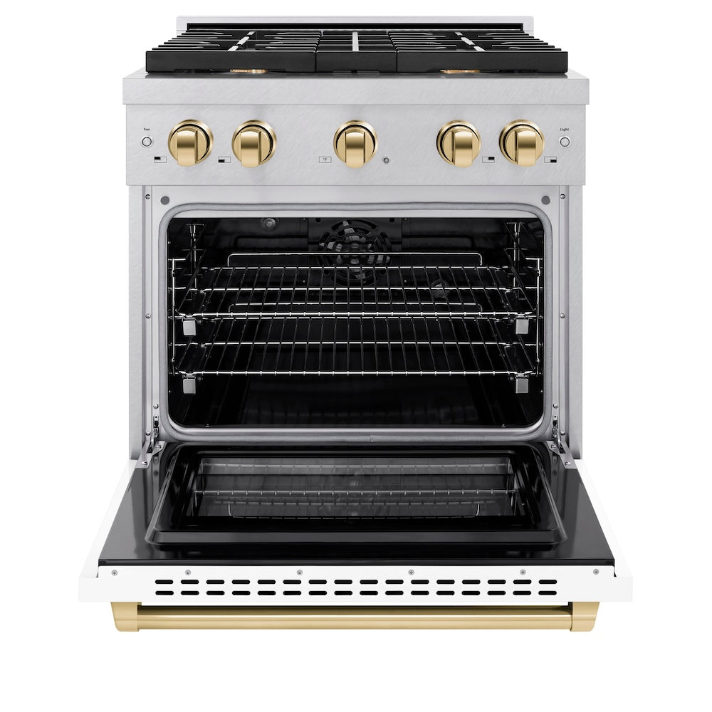 Autograph Edition 30 In. 4.2 Cu. Ft. Paramount Dual Fuel Range With 4 Burner Gas Cooktop And Electric Convection Oven In Satin Stainless Steel With White Matte Door And Polished Gold Accents SDRSZWM30G