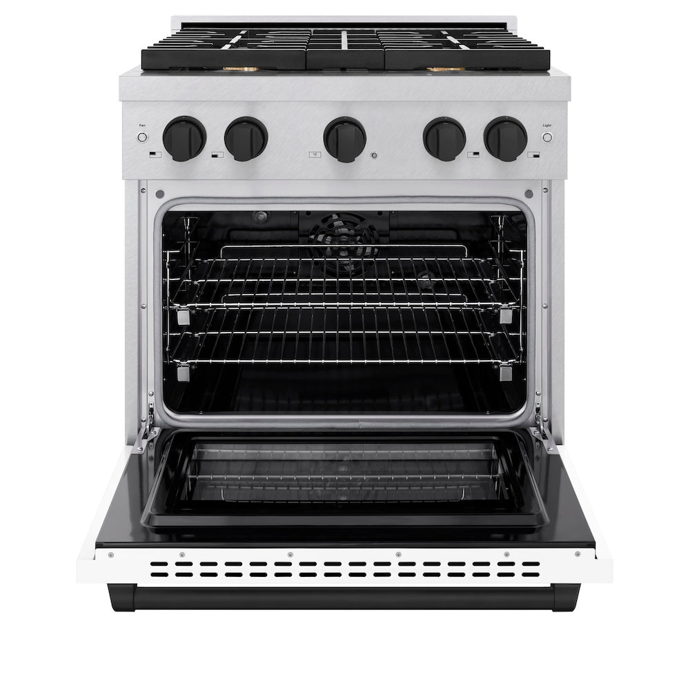 Autograph Edition 30 In. 4.2 Cu. Ft. Paramount Dual Fuel Range With 4 Burner Gas Cooktop And Electric Convection Oven In Satin Stainless Steel With White Matte Door And Matte Black Accents SDRSZWM30MB