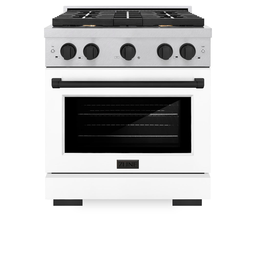 Autograph Edition 30 In. 4.2 Cu. Ft. Paramount Dual Fuel Range With 4 Burner Gas Cooktop And Electric Convection Oven In Satin Stainless Steel With White Matte Door And Matte Black Accents SDRSZWM30MB