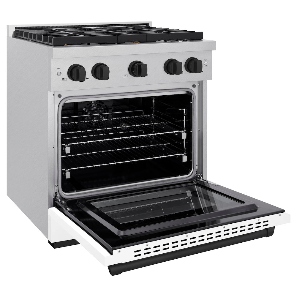 Autograph Edition 30 In. 4.2 Cu. Ft. Paramount Dual Fuel Range With 4 Burner Gas Cooktop And Electric Convection Oven In Satin Stainless Steel With White Matte Door And Matte Black Accents SDRSZWM30MB