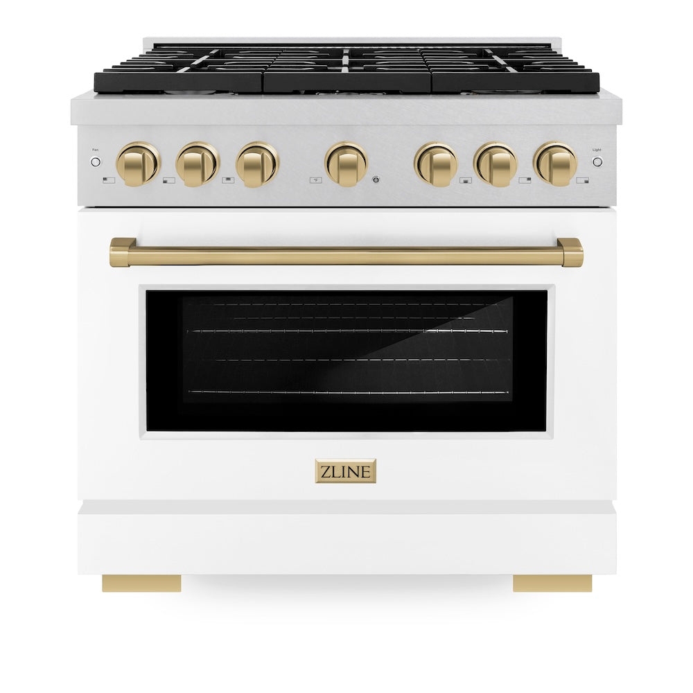 Autograph Edition 36 In. 5.2 Cu. Ft. Paramount Dual Fuel Range With 6 Burner Gas Cooktop And Electric Convection Oven In Satin Stainless Steel With White Matte Door And Champagne Bronze Accen SDRSZWM36CB
